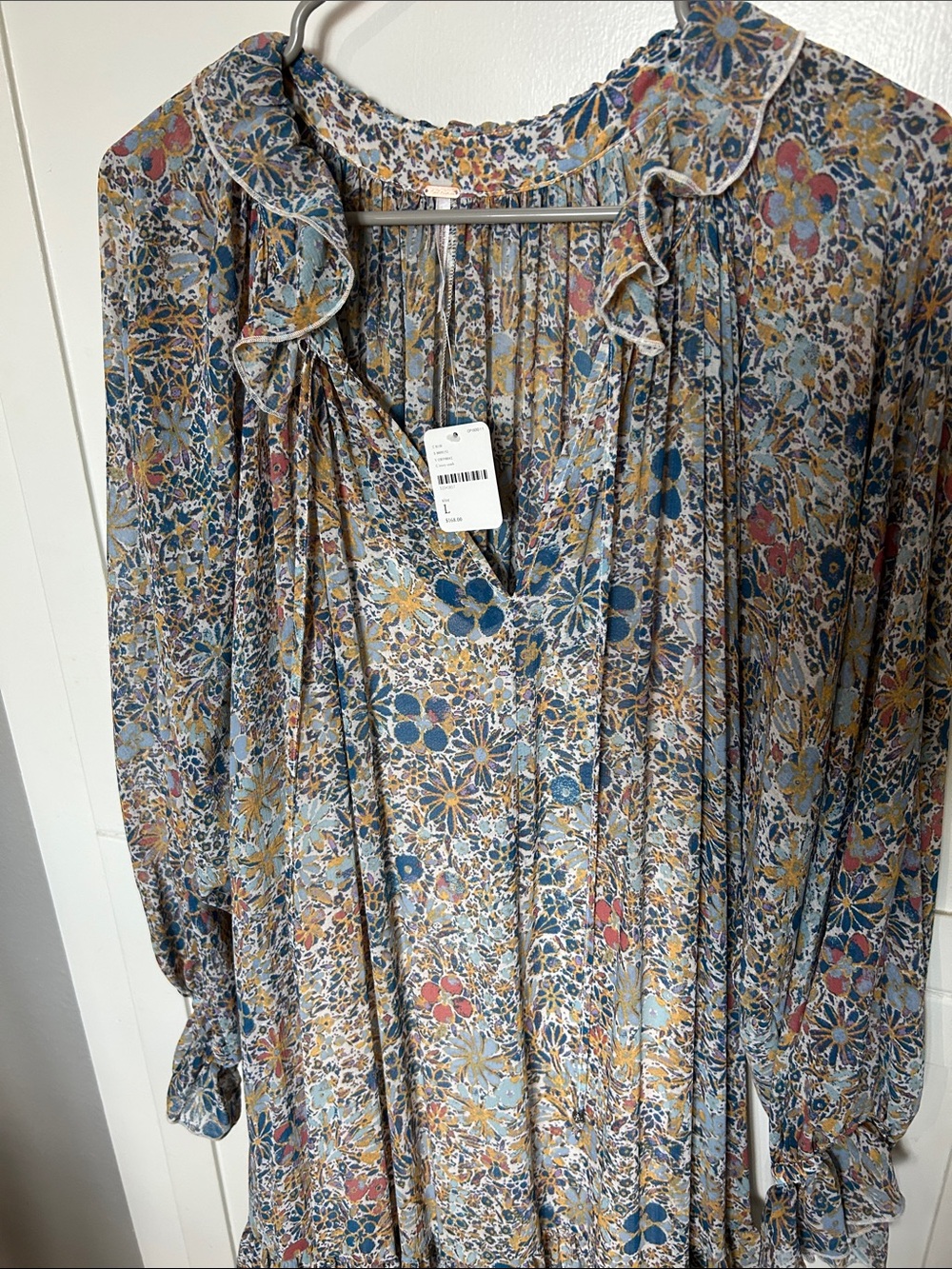 Free People Floral Long-Sleeve Tiered Maxi Dress - Blue Multicolor w full slip - Picture 3 of 6